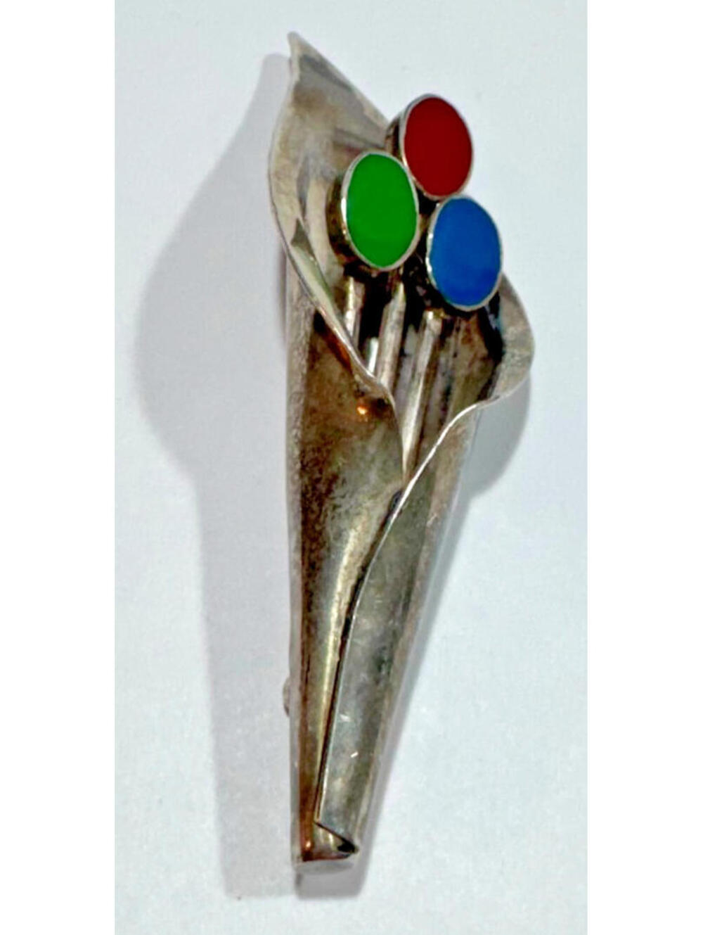 Vintage Sterling Silver 925 Cala Lilly Brooch Mexico 3" Red Green Blue